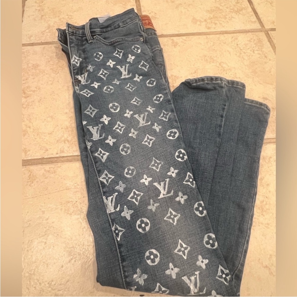 Blue Patterned monogram Straight Leg Jeans